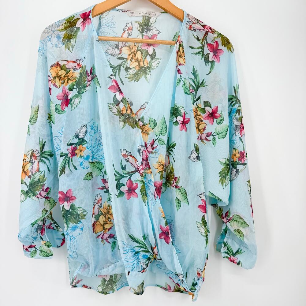 Zara Trafaluc Tropical Floral Bird Print Surplice Wrap Blouse Medium M